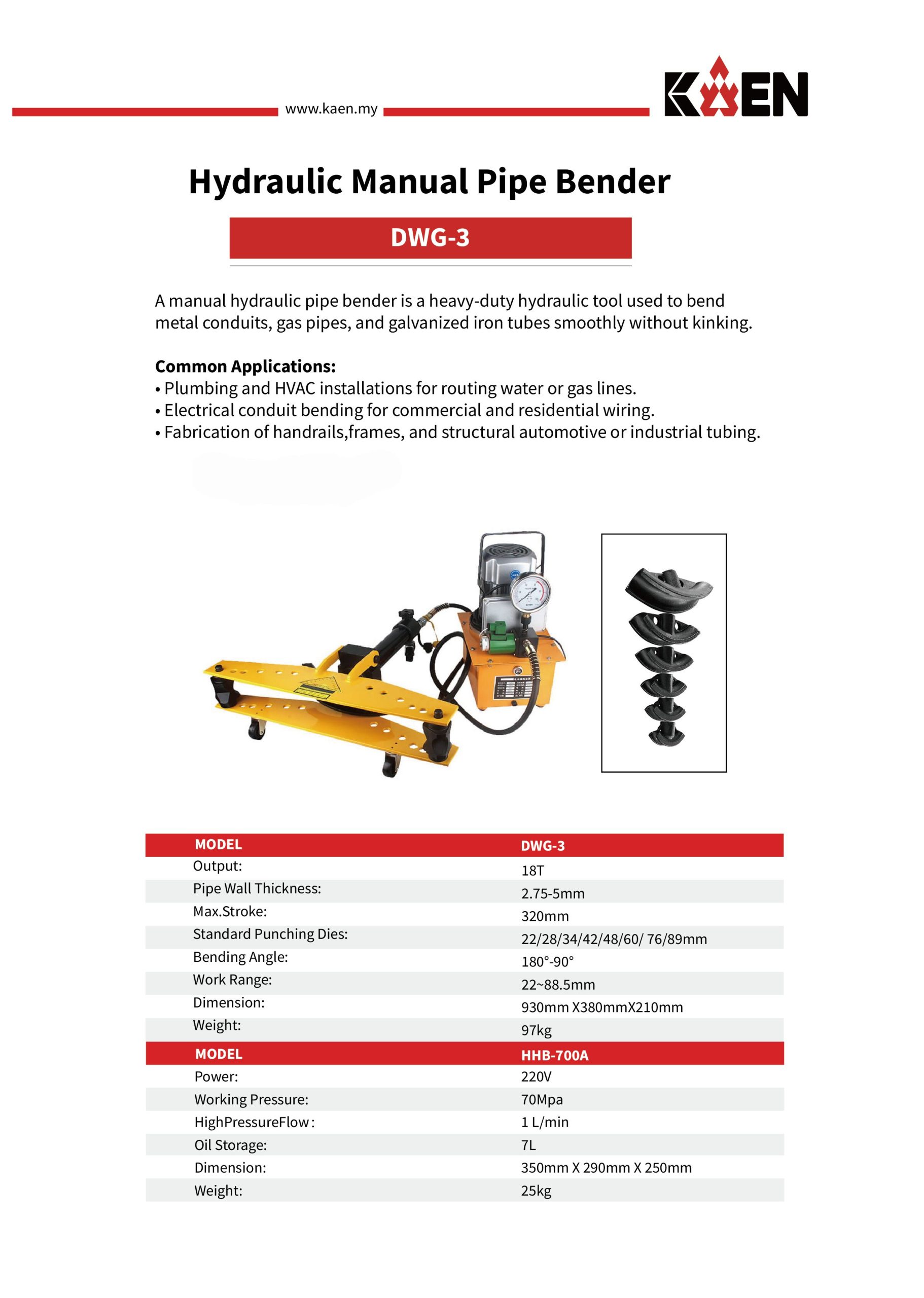 KAEN DWG-3 Hydraulic Manual Pipe Bender - Image 2